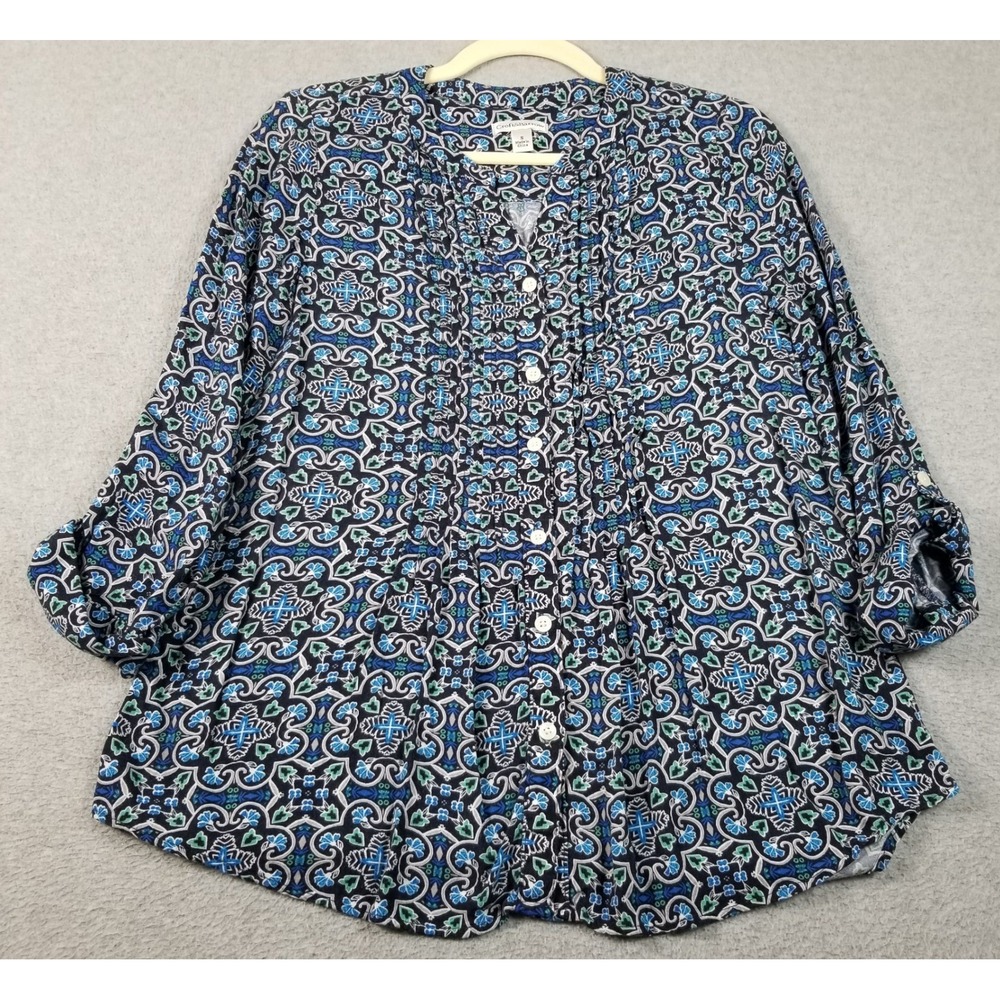 Croft & Barrow Top Women Small S Blue Green Floral Button Up Pleated Long Sleeve